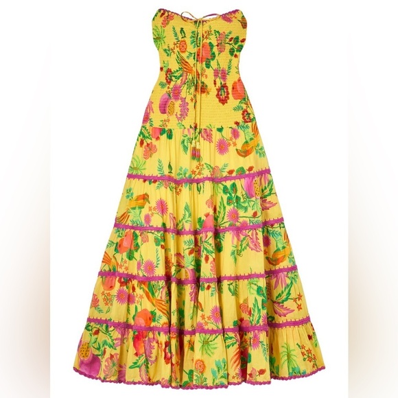 Farm Rio Delicate Fruit Garden Yellow Smocked Strapless Halter Tiered Maxi Dress - Picture 14 of 14